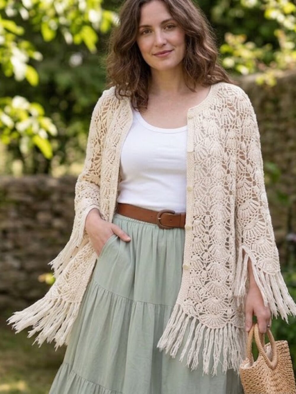 Crochet Fringe Openwork Cardigan Sweater Cream Boho Cottagecore One Size